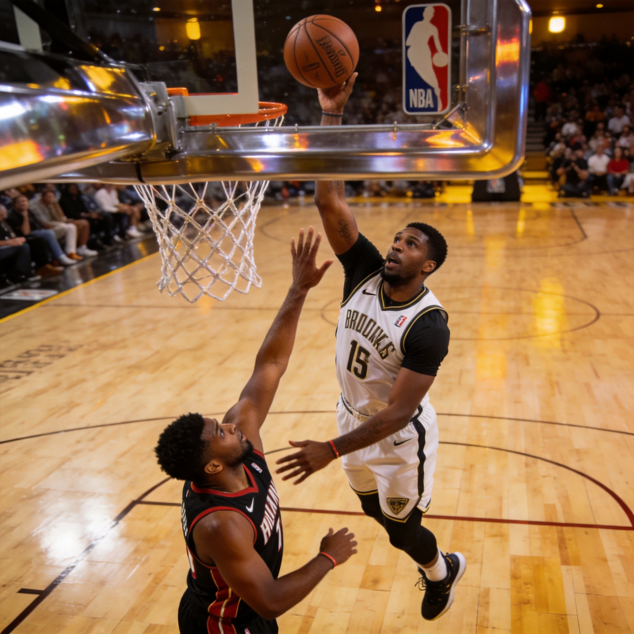NBA篮球赛事现场，球员在球场上竞技的精彩瞬间